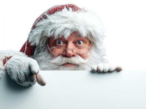 Santa Claus holding blank white sign and pointing down, wearing metal frame glasses, red white costume with snowflakes, pure white background - Powered by Adobe