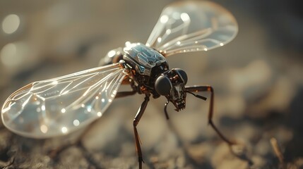 An extreme closeup of a futuristic robotic insect with detailed metallic parts and transparent, glowing wings