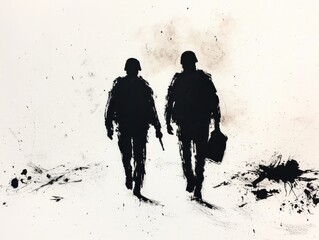 Silhouetted soldiers walk through a war-torn landscape, symbolizing sacrifice and duty.