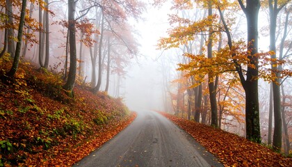 Obraz premium Autumnal fog-shrouded forest road