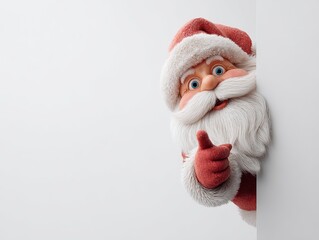 Santa Claus in 3D illustration peeking from white vertical surface, pointing up with left index finger, wearing red white costume with fur trim, friendly smile