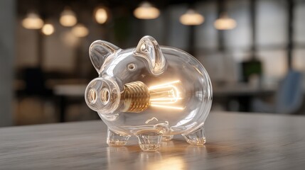 Transparent Piggy Bank with Lightbulb Inside on Wooden Table