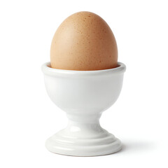 Brown egg in a white egg cup isolated on white background