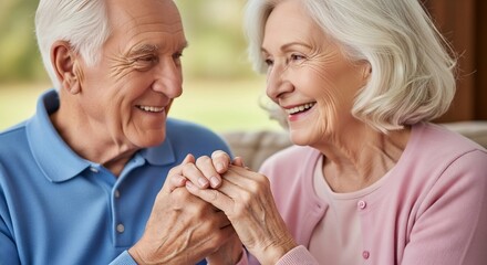 Elderly couple holding hands smiling outdoor setting
