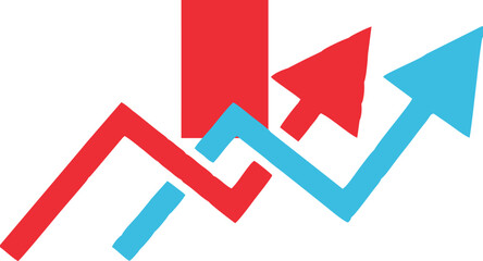A red and blue graph with two intertwined upward-trending arrows, symbolizing business growth, financial success, market increase, and positive development.


