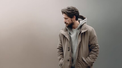 Fototapeta premium Man in a warm parka jacket standing calmly against a soft background urban setting portrait photography natural light reflective mood