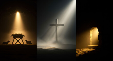 Three vertical religious Christian banners from Christmas to Easter. Manger, cross, tomb. Life of Jesus Christ. Catholic, protestant.