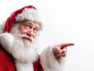 Naklejka premium Santa Claus in red costume with metal frame glasses pointing to the right with playful expression, white fur trim, pure white background, Christmas theme