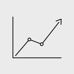A simple black line graph on a gray background showing an upward trend with an arrow indicating growth and progress.