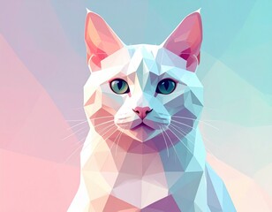 Low-poly white cat portrait on pastel gradient background