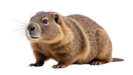 Detailed illustration of furry groundhog with rounded body, short legs, and curious expression. animal fur is mix of brown and tan, showcasing its