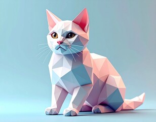 Low-poly pastel cat sitting on soft gradient, geometric 3D render