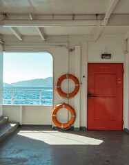 Ferry deck interior with two lifebuoys and red door facing the ocean and distant mountains