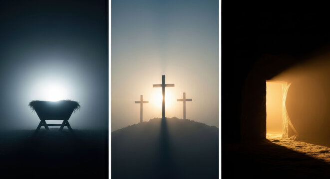 Christian triptych of nativity scene, crucifixion cross, and empty tomb of resurrection. Religious Easter and Christmas banner.