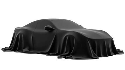 Sleek car covered with black cloth, hinting at its design and features, evokes curiosity and anticipation