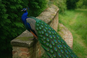 Naklejka premium Vibrant peacock with iridescent plumage perched on rustic stone wall in lush green garden setting