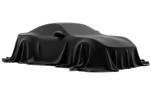 Sleek car covered with black cloth, hinting at its design and features, evokes curiosity and anticipation