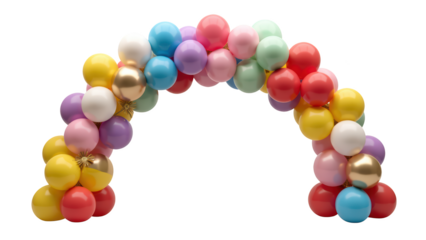 Colorful balloon arch decoration for celebrations, featuring various pastel and vibrant colors, creating festive atmosphere