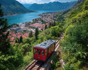 Scenic mountain train ride overlooking a coastal town
