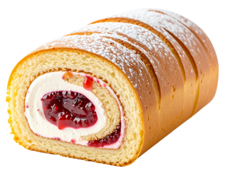 Golden Swiss Roll Cake with Cream and Jam Filling Isolated on White