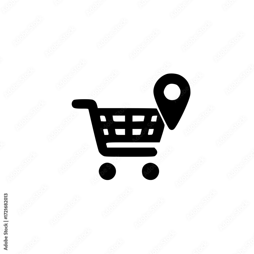 Poster location pin inside shopping cart vector for ecommerce navigation and retail positioning concept