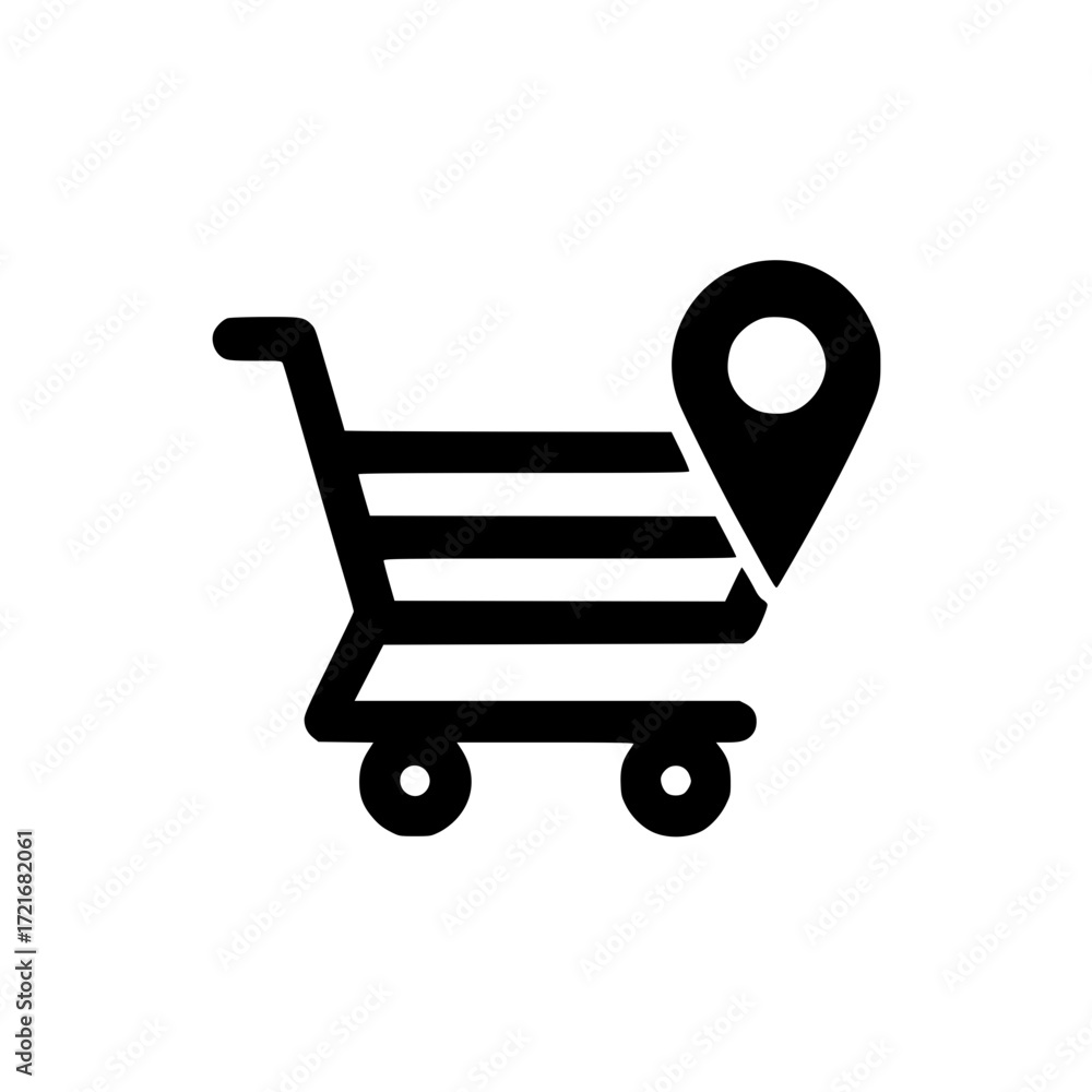 Poster shopping cart with small location pin isolated on white background for retail and navigation concept