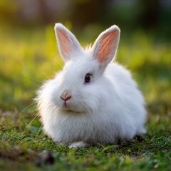 Close-up of fluffy white rabbit resting on spring meadow, shallow depth of field with blurred green grass background, soft natural lighting from side --ar 16:9 --v 7.0 --style raw --c 20 --s 20