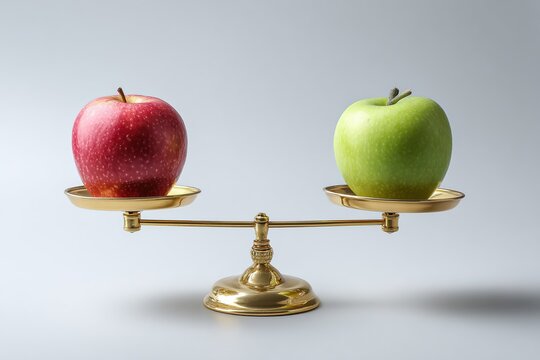 A golden balance scale holds a red apple on one side and a green apple on the other. The background is neutral and minimalistic, emphasizing the apples.
