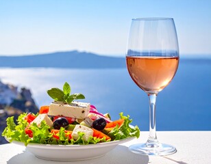 A bowl of delicious greek salad and a glass of pink wine on the table in sunlight, sunny mediterranean landscape in background. 