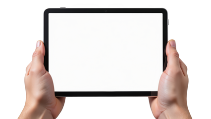 Person holds blank tablet with both hands, showcasing modern device ideal for digital content. image emphasizes technology and communication