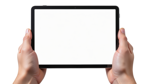 Person holds blank tablet with both hands, showcasing modern device ideal for digital content. image emphasizes technology and communication