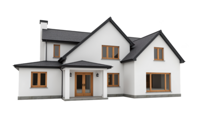 Modern house exterior design with white walls and wooden accents, featuring large windows and welcoming entrance