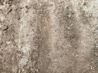 A flat, high-angle texture shot of a mixed surface with patches of light-gray, hard-packed dirt and scattered dark-brown soil and small rocks.
