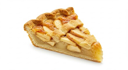 Delicious Slice of Golden Apple Pie with Flaky Crust on White Background.