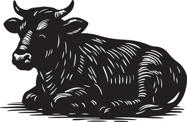 Black and white woodcut illustration of a resting cow with horns lying down in a field
