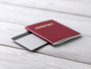 Passport and credit card on wooden table for travel and identification use
