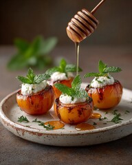 Roasted peach halves with cream cheese and mint on rustic plate