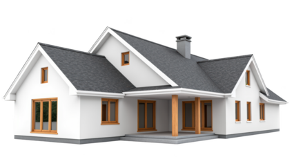 Modern house design with sloped roof, large windows, and wooden accents, showcasing welcoming exterior