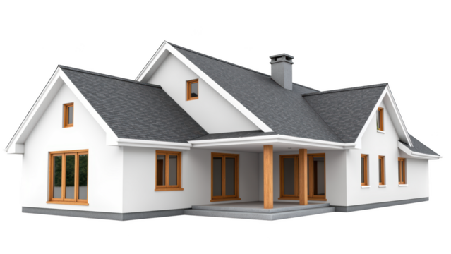 Modern house design with sloped roof, large windows, and wooden accents, showcasing welcoming exterior