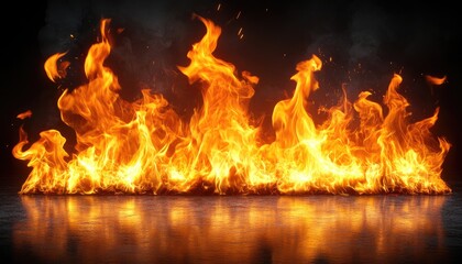 Fototapeta premium Bright orange fire with smoke on black, reflecting below. Use for danger, passion, destruction, or abstract backgrounds.