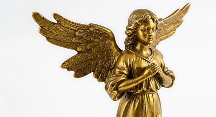 A golden angel statue with outstretched wings, hands clasped in prayer, against a bright white background.