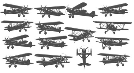 set of  biplane vector silhouettes vintage design