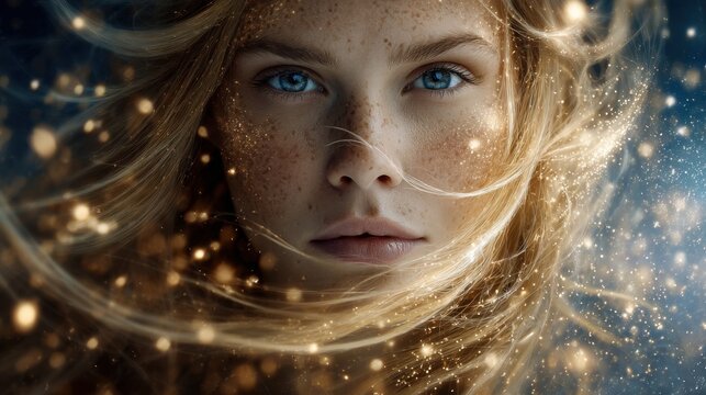 Celestial being with radiant golden hair glowing ethereal realm portrait mystical environment close-up view fantasy concept