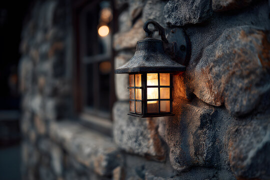 a light on a stone wall with a window
