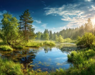 Fototapeta premium Tranquil morning by a river in a lush forest