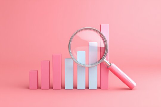 A simple and colorful bar graph with a magnifying glass, indicating growth or data analysis on a pink background
