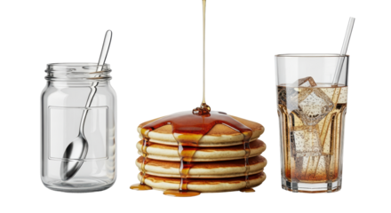 Isolated pancake stack with maple syrup, a jar and a glass of ice tea on the table