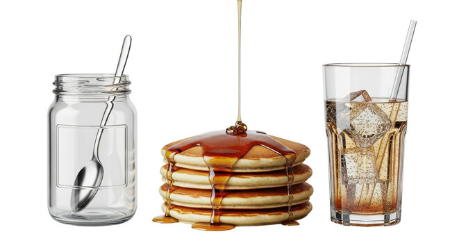 Isolated pancake stack with maple syrup, a jar and a glass of ice tea on the table