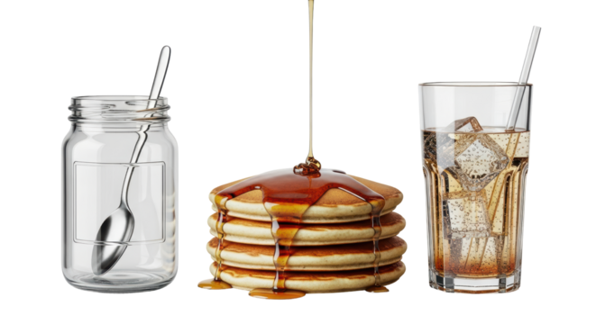 Isolated pancake stack with maple syrup, a jar and a glass of ice tea on the table