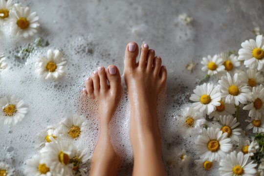 A woman's feet in the water of her bathtub, surrounded by daisies and foam